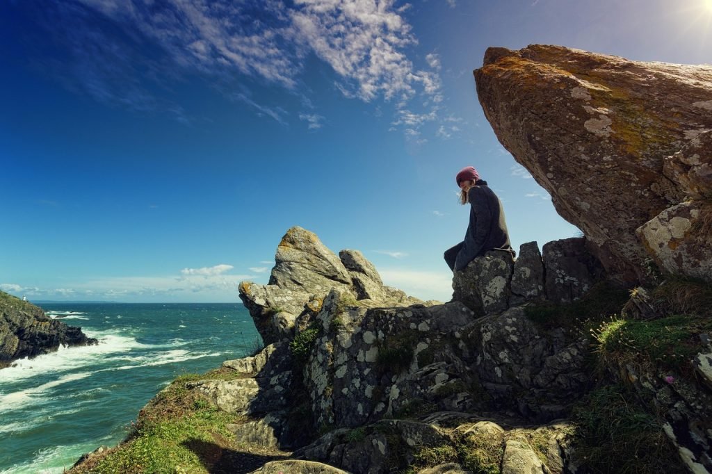 woman, sea, cliffs