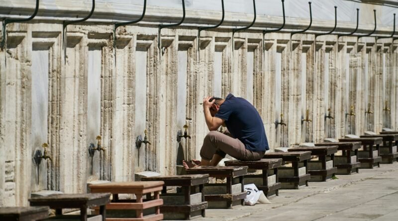 man in blue t-shirt sitting on brown wooden bench during daytime