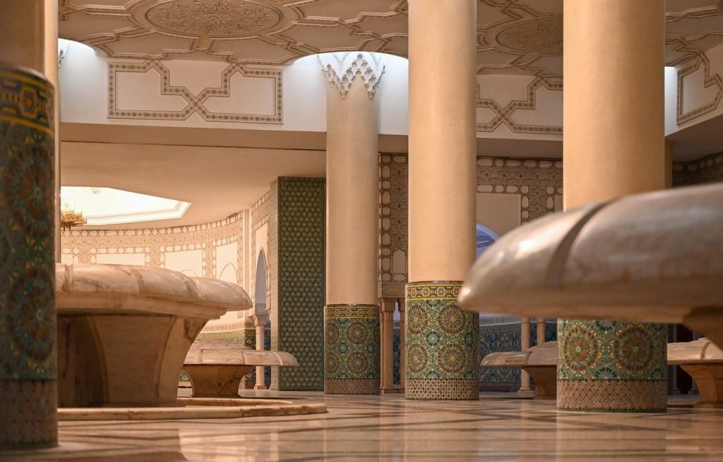casablanca, morocco, hassan ii mosque, religion, inner space, columns, travel, mosaic, architecture, mosque, mosque, mosque, mosque, mosque, mosque