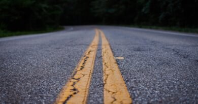 Scenic close-up shot of an empty asphalt road with yellow lines curving through a forested area.
