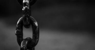Detailed black and white image of a rusty chain link with blurred background.