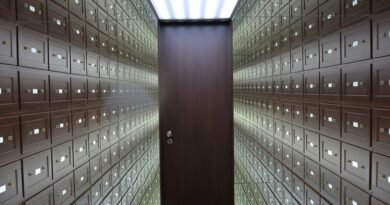 Wooden lockboxes line the walls of a modern, secure vault with a central wooden door.