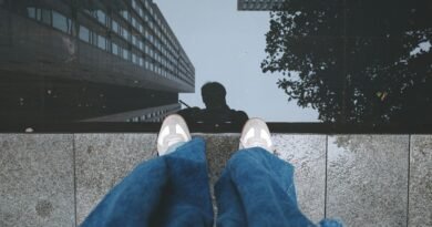 Person reflected in water with buildings, adding an urban touch.